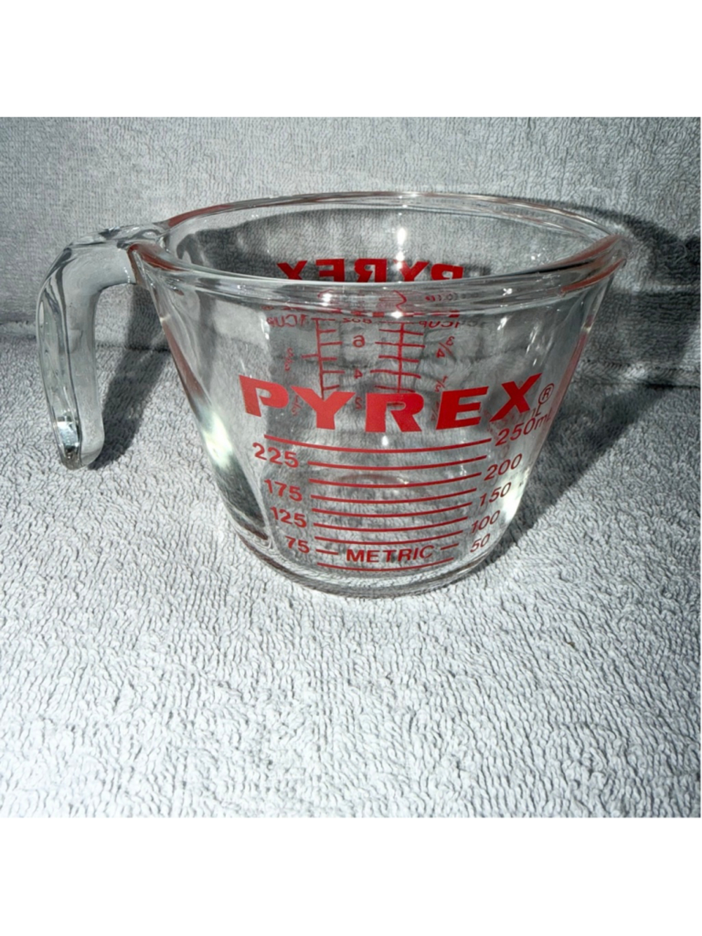 Vintage PYREX Corning 1 Cup Measuring Cup Clear Glass Red Lettering 508 J Handle